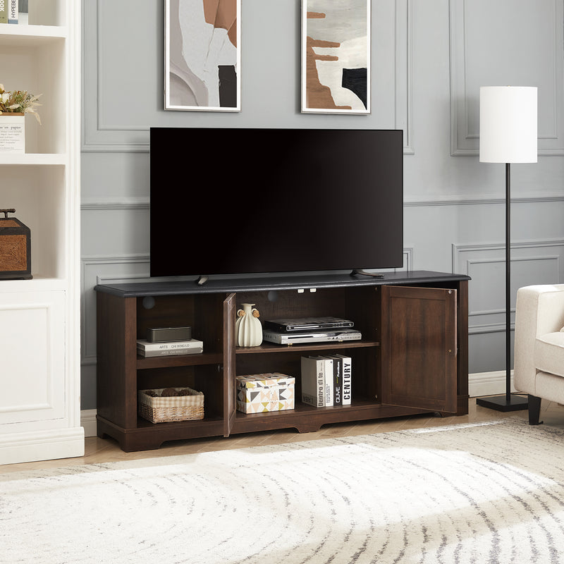 Modern Farmhouse TV Media Stand, Large Barn Inspired Home Entertainment Console, for TV Up to 80'', with Open Shelves and Closed Cabinets, Espresso and Black, 70"W*15.55"D*26.89"H