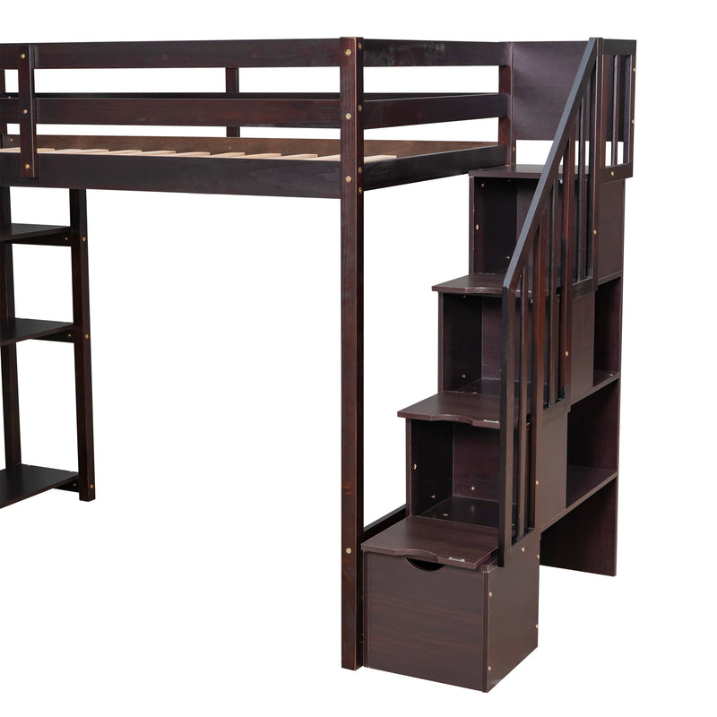 Twin size Loft Bed with Storage Drawers and Stairs, Wooden Loft Bed with Shelves - Espresso