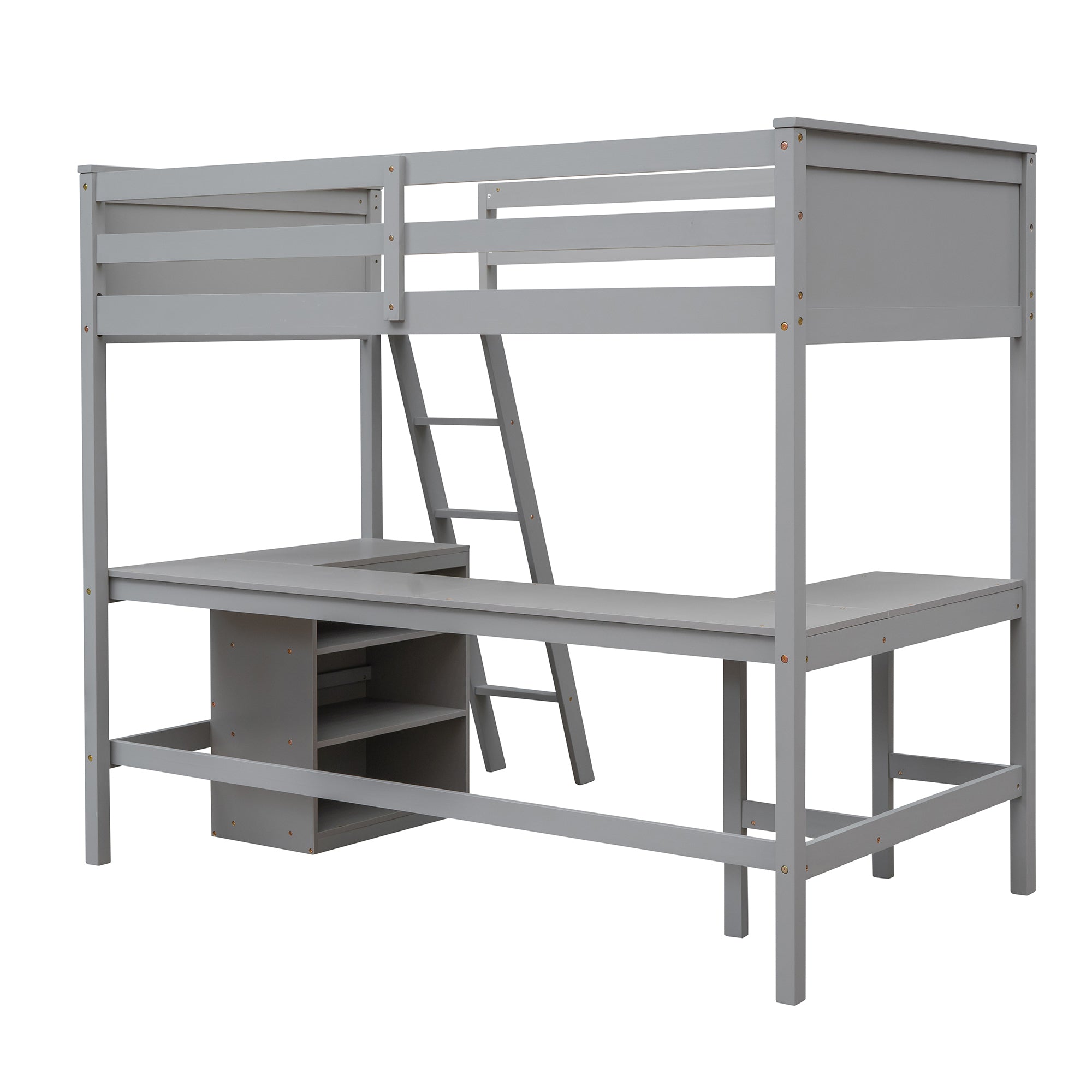 Twin size Loft Bed with Shelves and Desk, Wooden Loft Bed with Desk - Gray(OLD SKU:LT000537AAE) - Atlantic Fine Furniture Melbourne FL