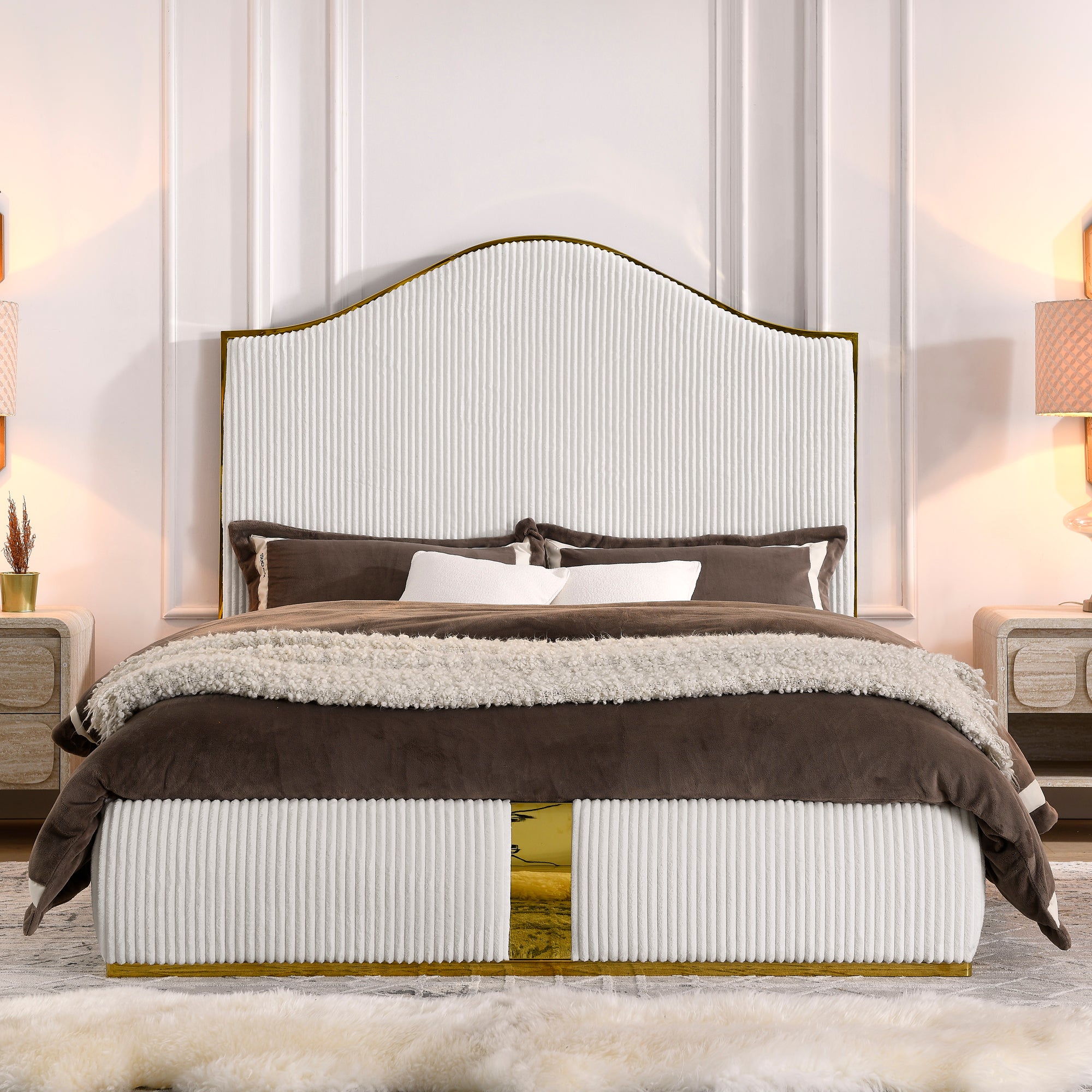 Corduroy Upholstered Bed Frame Queen Size 59.5" Tall  Headboard Queen Bed Frame Metal Decoration /No Box Spring Needed - Atlantic Fine Furniture Melbourne FL