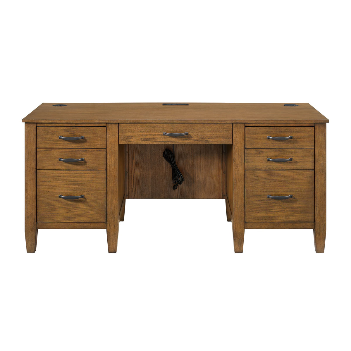 Portico Double Pedestal Desk With Power / USB in Brown Oak by Elements International, view 7