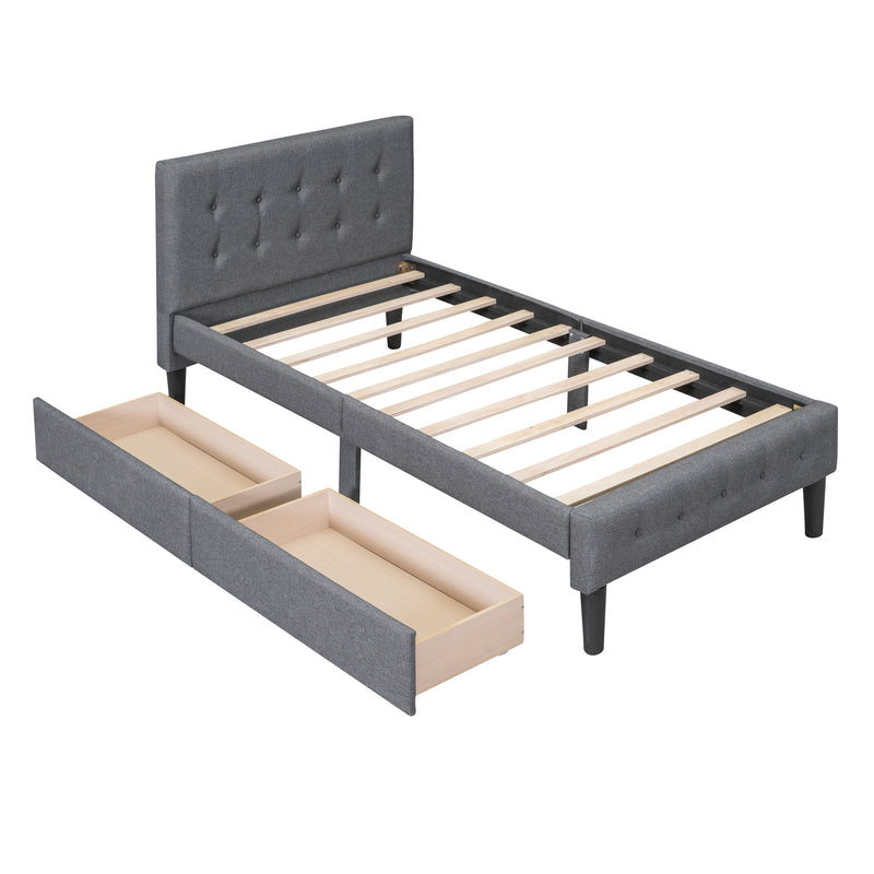 Twin Size Upholstered Platform Bed with 2 Drawers, Gray