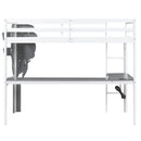 Twin Size Loft Bed with L-shaped Desk,Tree Shape Bookcase and Charging Station, White+Gray