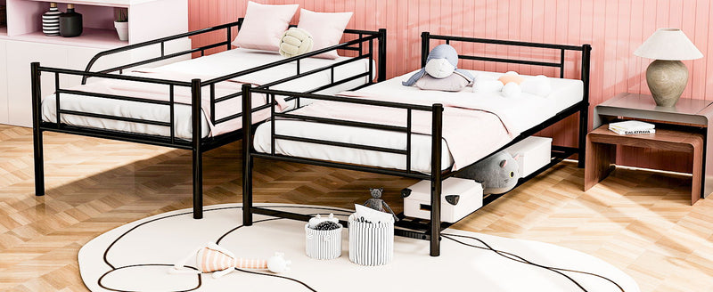 Twin Over Twin Metal Bunk Bed With Shelf And Guardrails