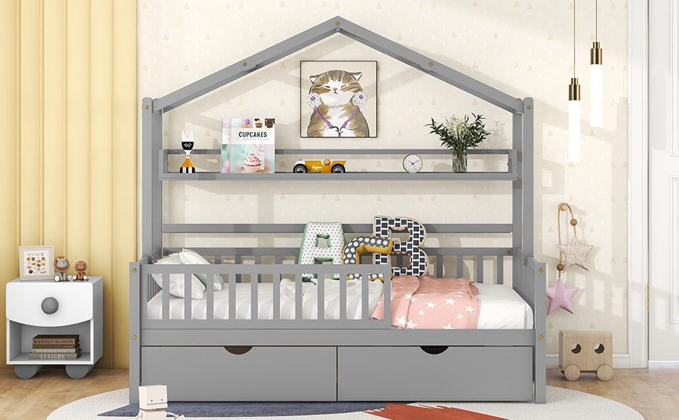 Wooden Twin Size House Bed with 2 Drawers,Kids Bed with Storage Shelf, Gray - Atlantic Fine Furniture Melbourne FL