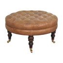 Buffalo - Leather Round Ottoman With Castor Legs - Brown