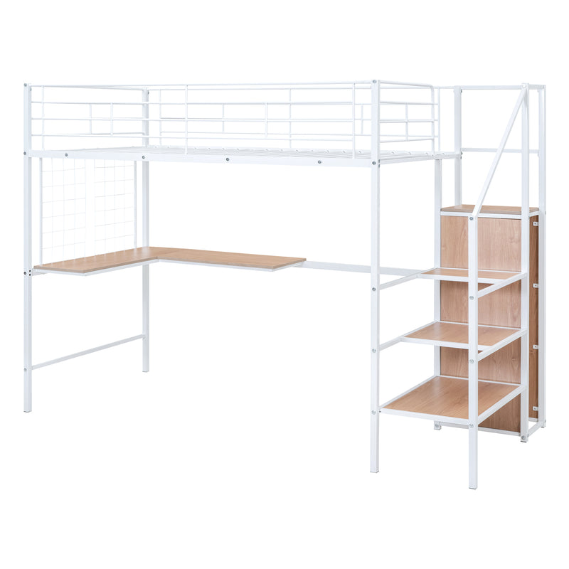 Twin Size Metal Loft Bed with Desk and Metal Grid, Stylish Metal Frame Bed with Lateral Storage Ladder and Wardrobe, White