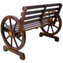 Rustic Country 2 Person Wooden Wagon Wheel Bench With Slatted Seat And Backrest - Brown