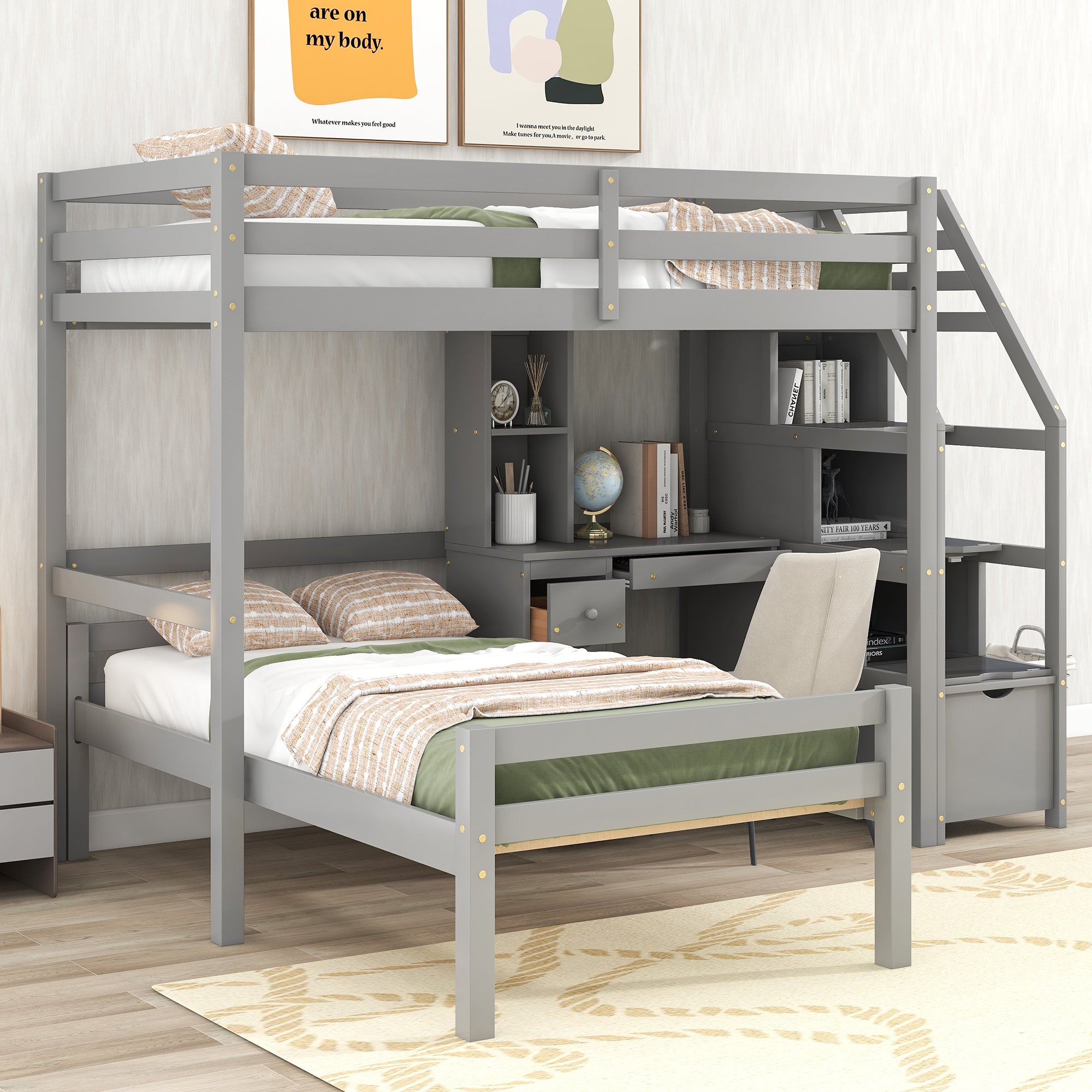 Twin Size Loft Bed with a Stand-alone Bed, Storage Staircase, Desk, Shelves and Drawers, Gray - Atlantic Fine Furniture Melbourne FL