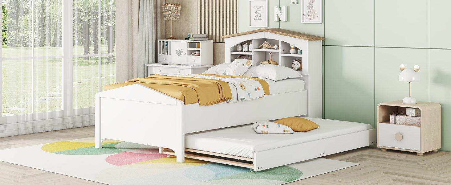 Twin Size Wood Platform Bed with House-shaped Storage Headboard and Trundle, White - Atlantic Fine Furniture Melbourne FL