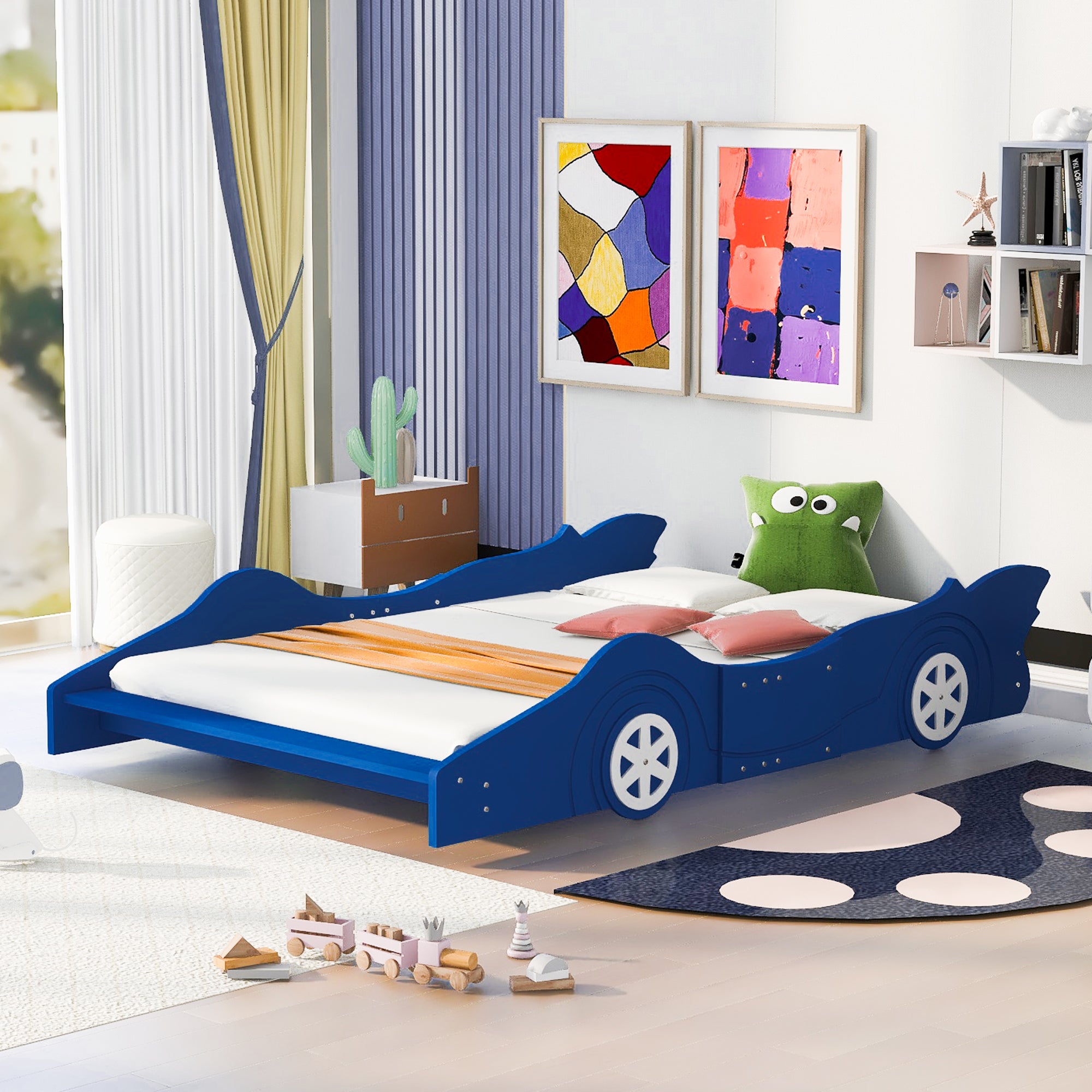 Full Size Race Car-Shaped Platform Bed with Wheels,Blue - Atlantic Fine Furniture Melbourne FL
