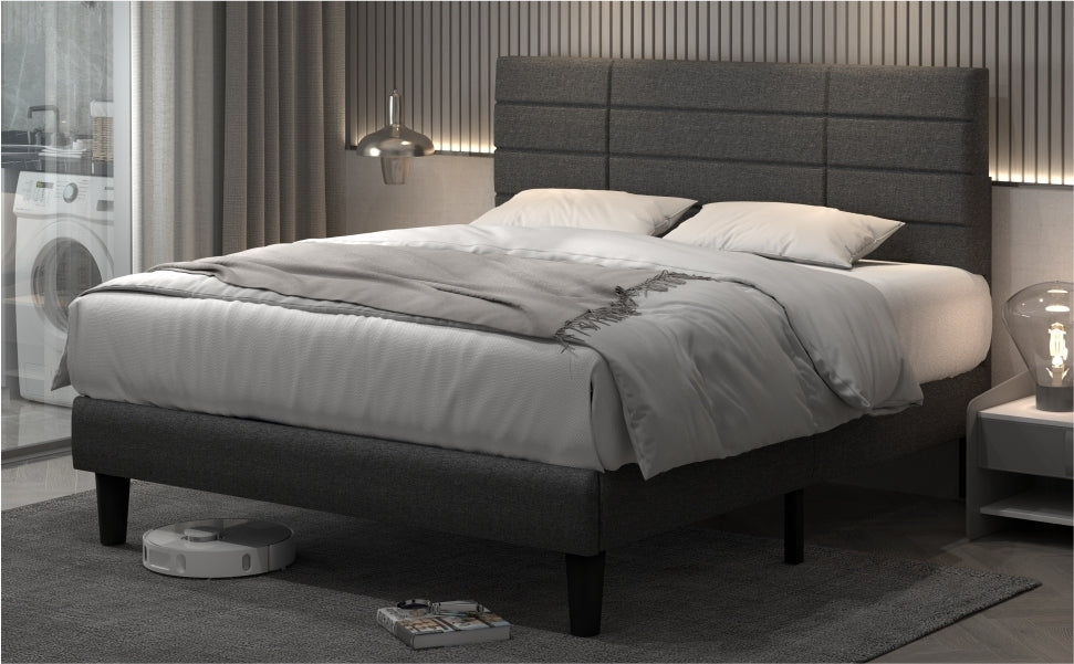 Molblly Queen Size Bed Frame with Upholstered Headboard, Strong Frame, and Wooden Slats Support, Non-Slip and Noise-Free, No Box Spring Needed, Easy Assembly, Dark Grey - Atlantic Fine Furniture Melbourne FL