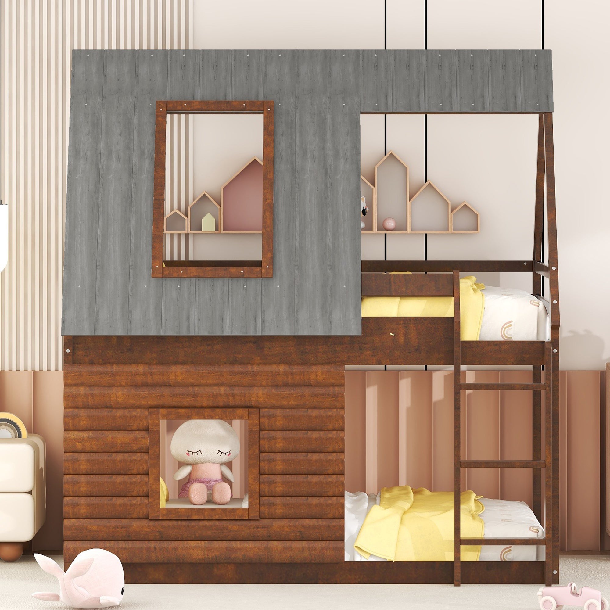 Wood Twin Size House Bunk Bed with Roof, Ladder and 2 Windows, Oak & Smoky Grey - Atlantic Fine Furniture Melbourne FL