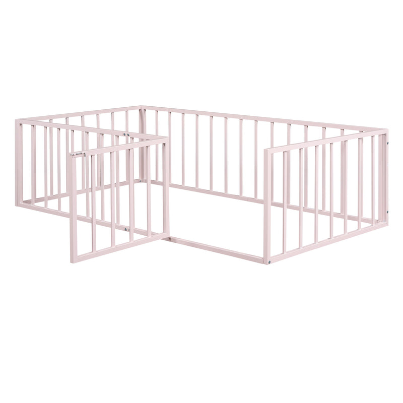 Metal Floor Bed Frame With Fence And Door - Black