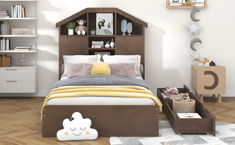 Twin Size Wood Platform Bed with House-shaped Storage Headboard and 2 Drawers, Walnut - Atlantic Fine Furniture Melbourne FL