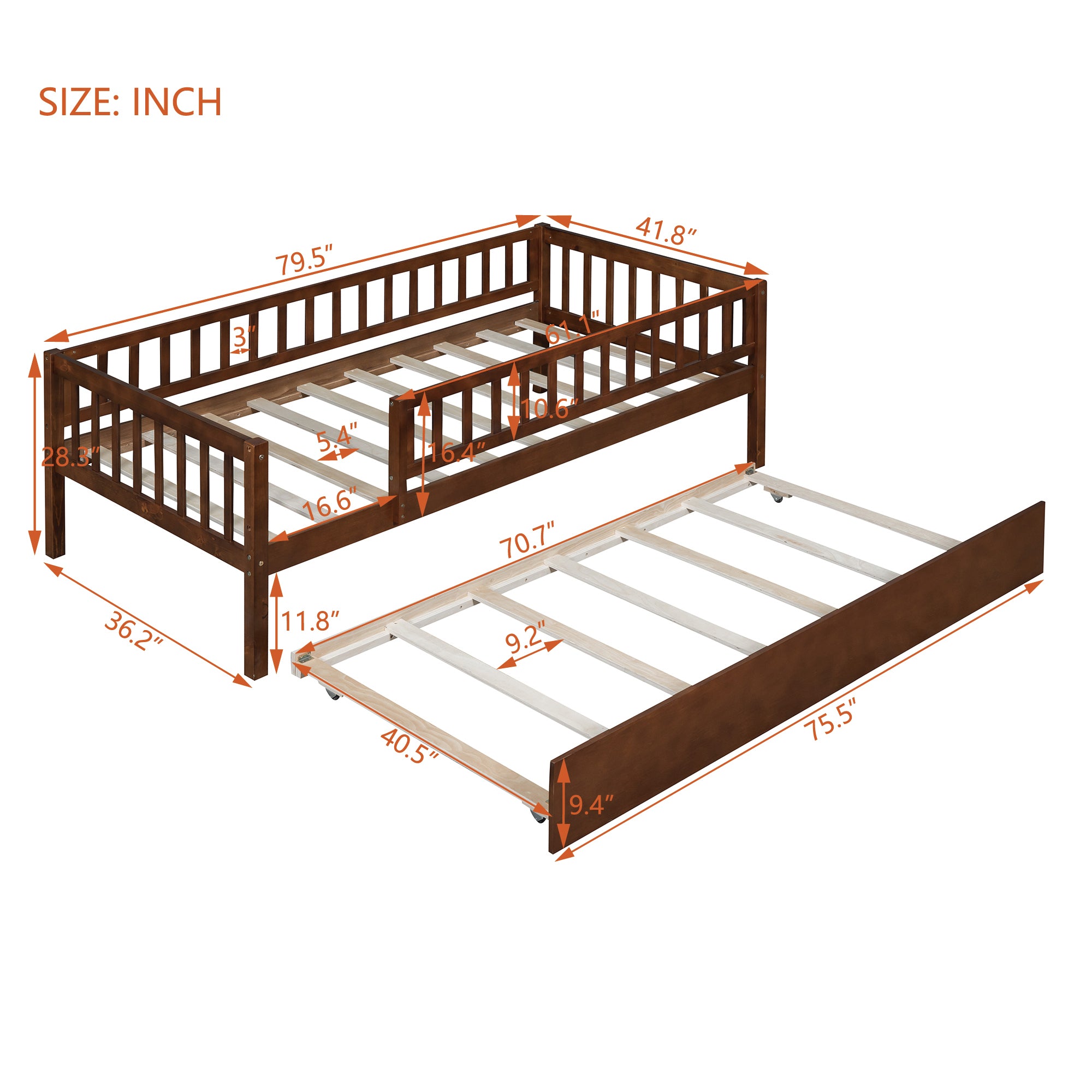 Twin Size Wood Daybed with Trundle and Fence Guardrails, Walnut - Atlantic Fine Furniture Melbourne FL