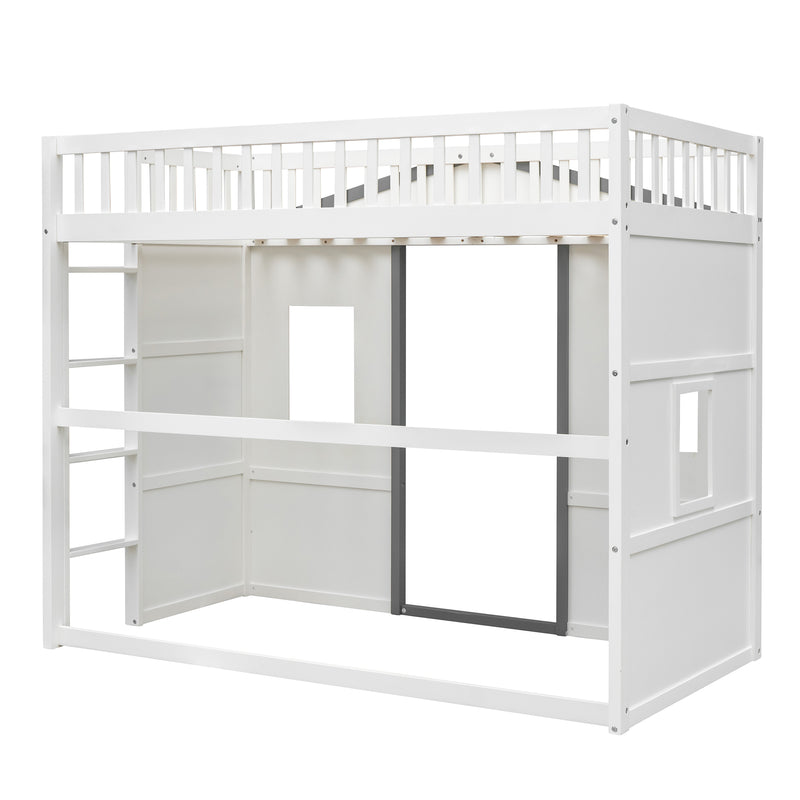 Twin Size House Loft Bed With Ladder-White+Gray Frame