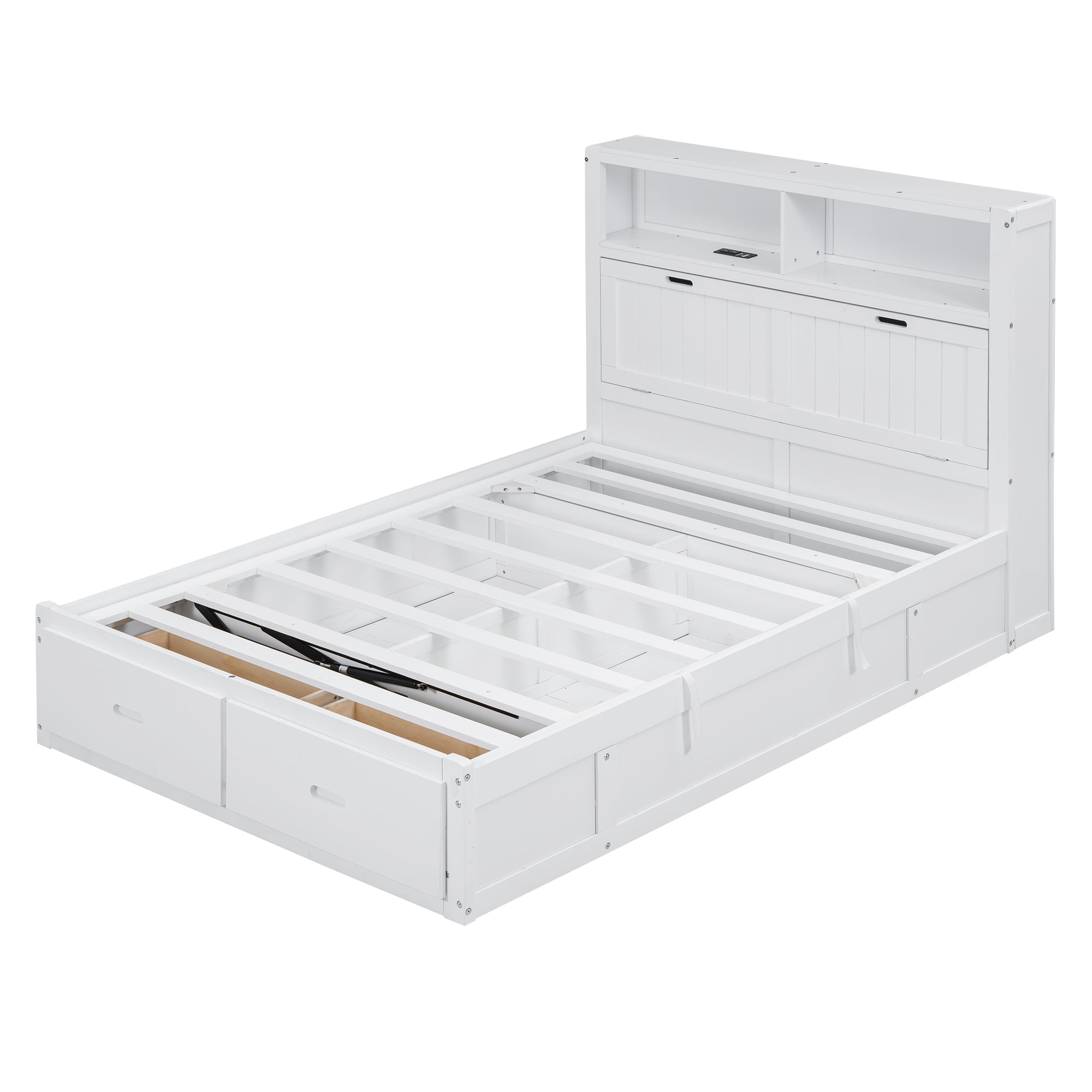 Wood Full Size Hydraulic Platform Bed with Storage LED Headboard, Charging Station and 2 Drawers, White