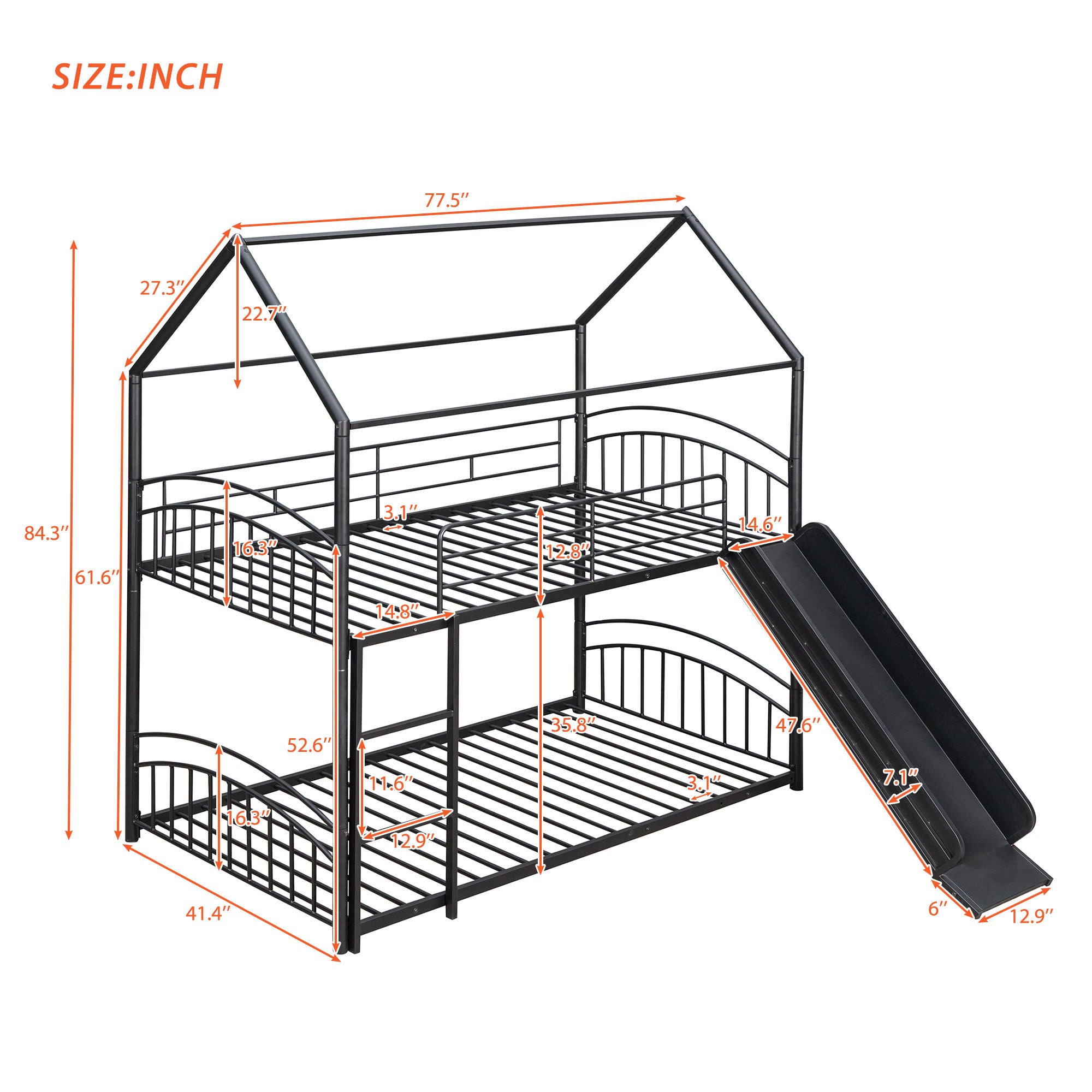 Twin Over Twin Metal Bunk Bed With Slide,Kids House Bed Black - Atlantic Fine Furniture Melbourne FL
