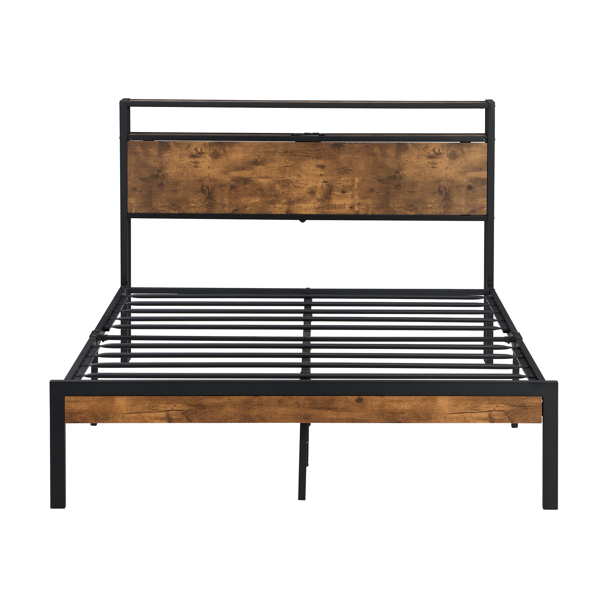 Full Size Metal Platform Bed Frame with Wooden Headboard and Footboard with USB LINER, No Box Spring Needed, Large Under Bed Storage, Easy Assemble - Atlantic Fine Furniture Melbourne FL