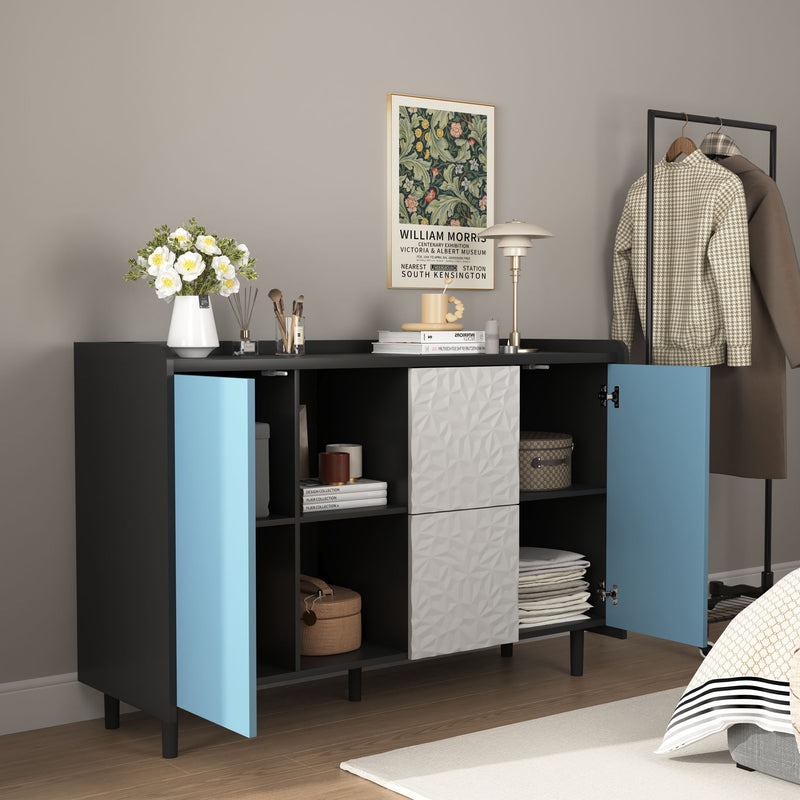 Modern Sideboard Buffet Cabinet With Red Doors And Unique Panel Styling