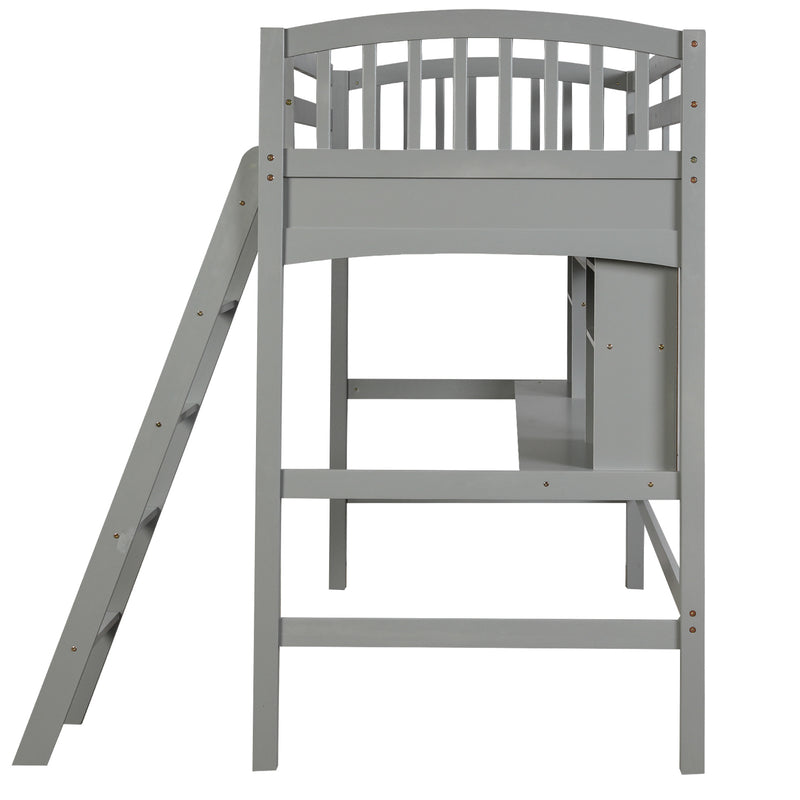 Twin size Loft Bed with Storage Shelves, Desk and Ladder, Gray(OLD SKU :LP000140EAA)