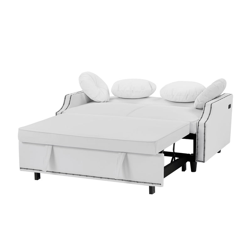 Multiple Adjustable Positions Sofa Bed Stylish Sofa Bed With A Button Tufted Backrest, Two USB Ports And Four Floral Lumbar Pillows For Living Room, Bedroom, Or Small Space