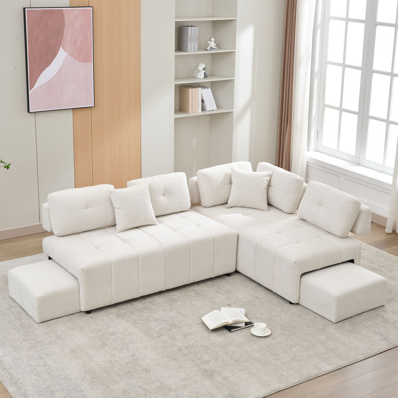 L-Shaped Sofa Sectional Sofa Couch With 2 Stools And 2 Lumbar Pillows For Living Room