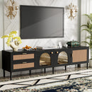 Rattan TV Stand With 3 Cabinets & 2 Drawers, Rattan-Inspired Media Console Table For Tvs Up To 80'', LED Light Entertainment Center, TV Cabinet For Living Room - Black