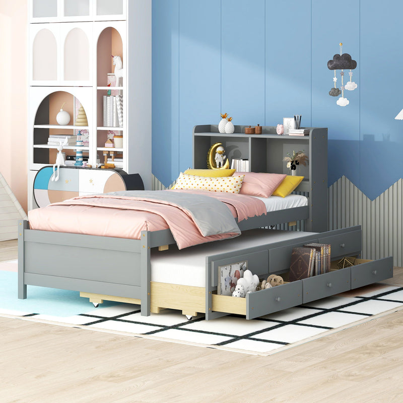 Bed With Built-In USB, Type-C Ports, LED Light, Bookcase Headboard, Trundle And 3 Storage Drawers, Bed With Bookcase Headboard, Trundle And Storage Drawers - Espresso