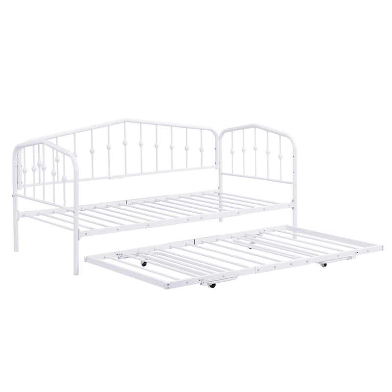 Twin Size Stylish Metal Daybed with Twin Size Adjustable Trundle, Portable Folding Trundle, White