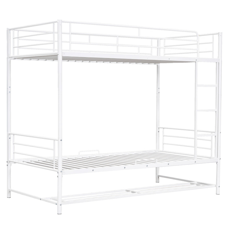 Twin Over Twin Metal Bunk Bed with Shelf and Guardrails, White