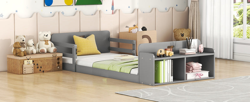 Twin Size Floor Bed with Storage Footboard and Guardrail, Grey