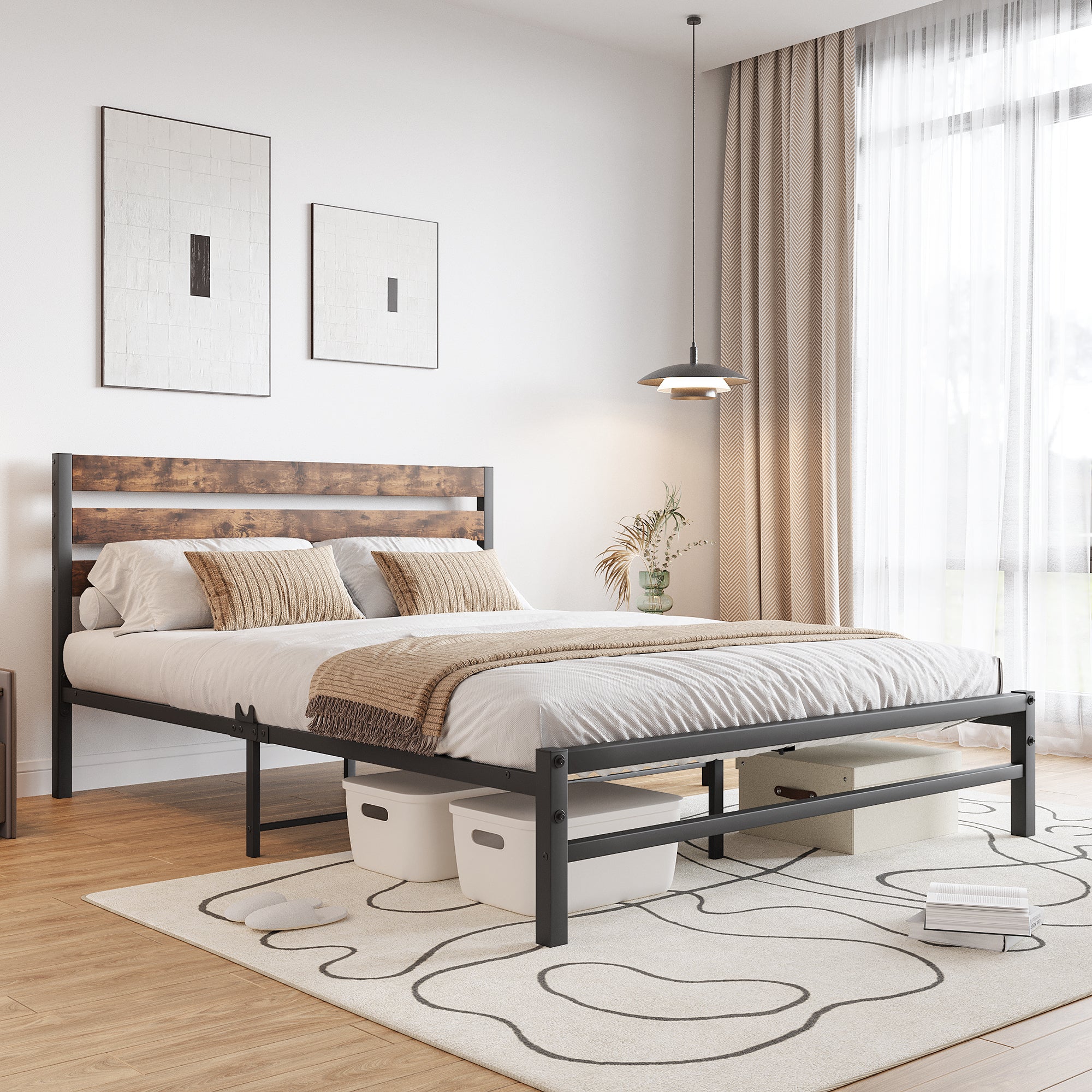 Platform Queen Size Bed Frame with Rustic Vintage Wood Headboard, Strong Metal Slats Support Mattress Foundation, No Box Spring Needed Rustic Brown - Atlantic Fine Furniture Melbourne FL