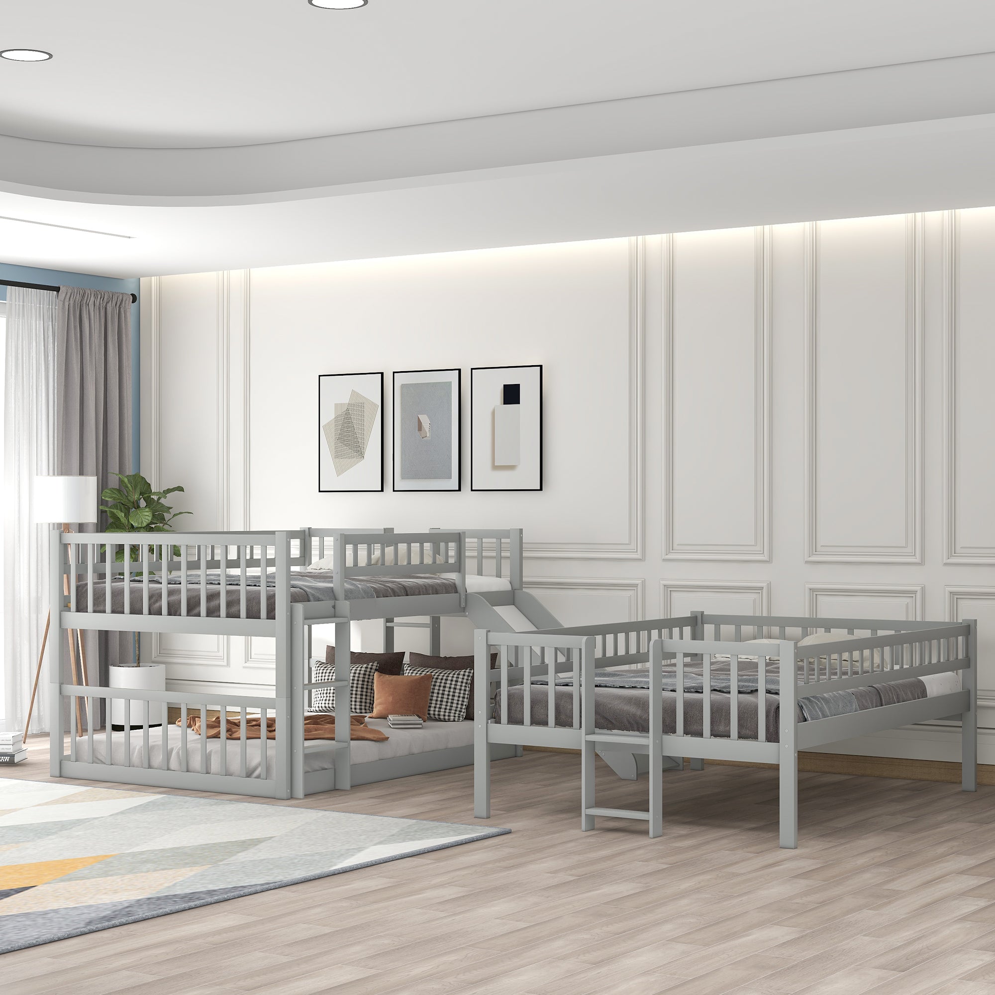 Full-Over-Full-Over-Full Triple Bed with Built-in Ladder and Slide , Triple Bunk Bed with Guardrails, Gray(OLD SKU :LP000052AAE) - Atlantic Fine Furniture Melbourne FL