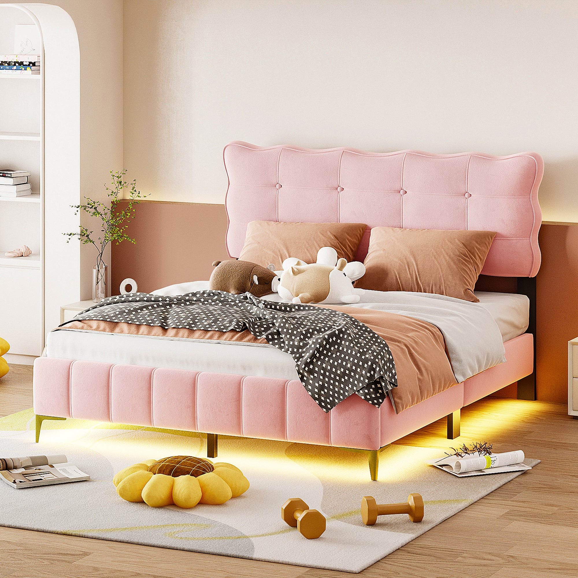 Queen Size Velvet Platform Bed with LED Frame and Stylish Mental Bed Legs, Pink - Atlantic Fine Furniture Melbourne FL