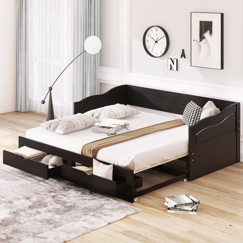 Wooden Daybed with Trundle Bed and Two Storage Drawers , Extendable Bed Daybed,Sofa Bed with Two Drawers, Espresso