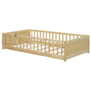 Twin size Floor Platform Bed with Built-in Book Storage Rack, Door,Natural