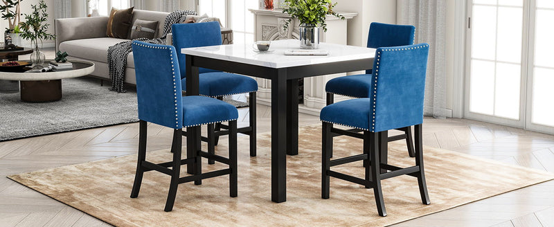 5-Piece Counter Height Dining Table Set With One Faux Marble Top Dining Table And Four Velvet Upholstered Chairs