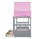 Twin Over Twin Bunk Bed Wood Bed with Tent and Drawers, Gray+Pink Tent