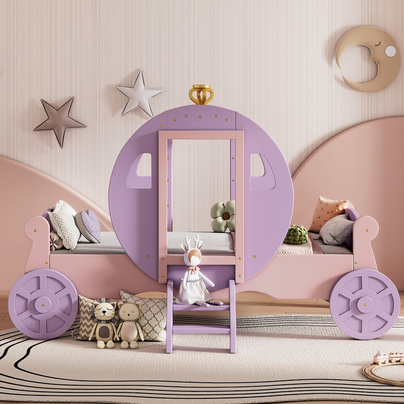 Twin size Princess Carriage Bed with Crown,Wood Platform Car Bed with Stair,Purple+Pink