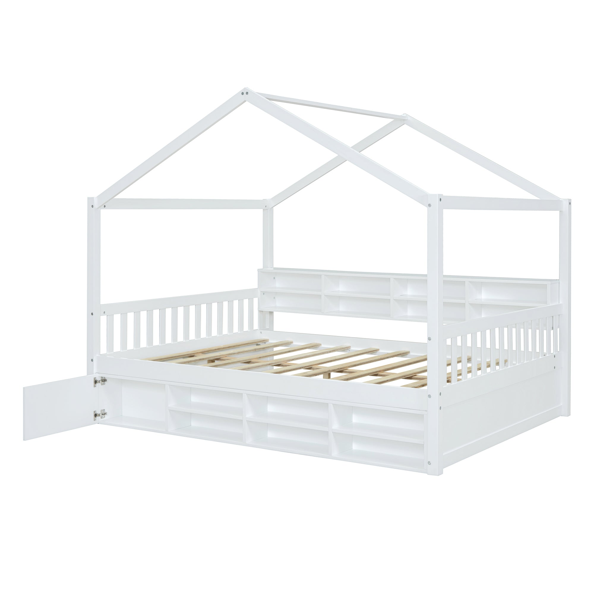 Full Size Wooden House Bed with Shelves and a Mini-cabinet, White - Atlantic Fine Furniture Melbourne FL