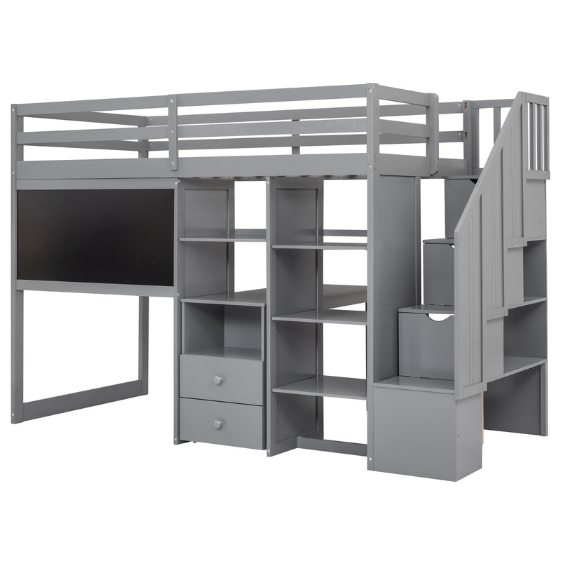 Twin Size Loft Bed with Pullable Desk and Storage Shelves,Staircase and Blackboard,Gray