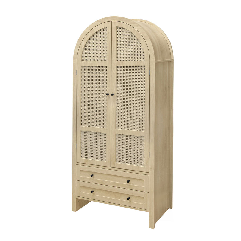 Tall Arched Kitchen Pantry, Arched Storage Display Cabinet With 2 Drawers & Adjustable Shelves, Rattan Door Versatile Storage Cabinet For Kitchen, Dining Room, Living Room - Natural