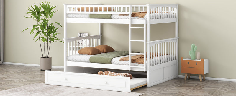 Full over Full Bunk Bed with Twin Size Trundle, Convertible Beds, White