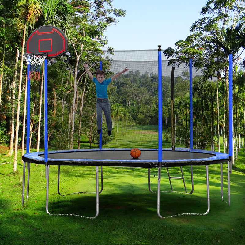 15Ft Trampoline With Basketball Hoop Inflator And Ladder (Inner Safety Enclosure)