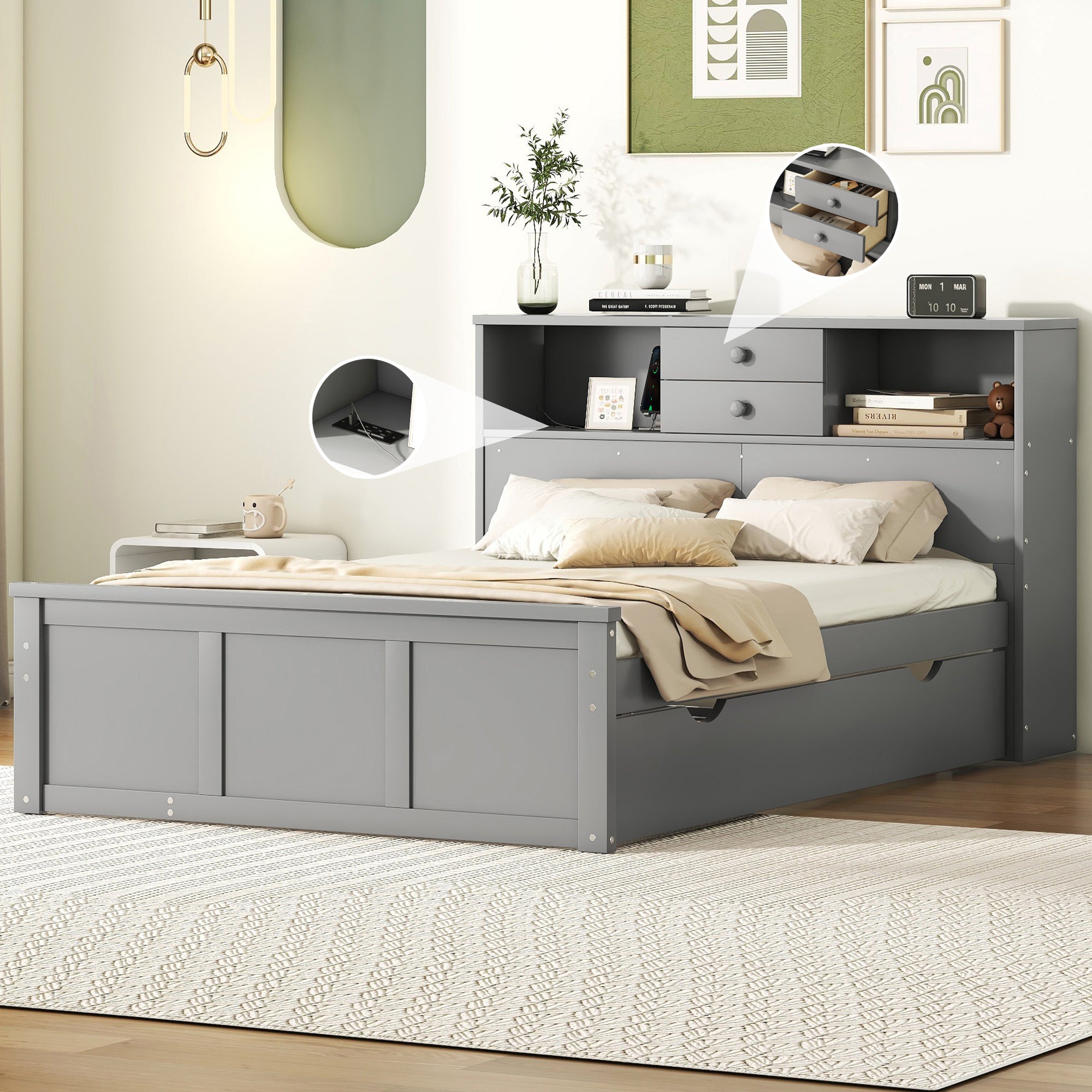 Full Size Wood Pltaform Bed with win Size Trundle, 3 Drawers, Upper Shelves and a set of USB Ports & Sockets, Gray - Atlantic Fine Furniture Melbourne FL