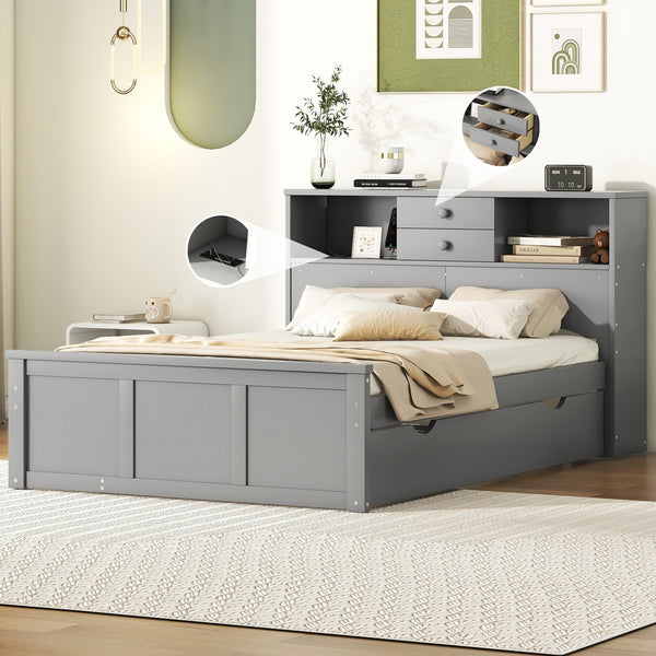 Full Size Wood Pltaform Bed with win Size Trundle, 3 Drawers, Upper Shelves and a set of USB Ports & Sockets, Gray