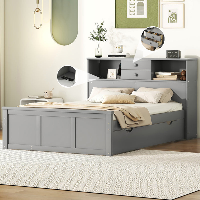 Full Size Wood Pltaform Bed with win Size Trundle, 3 Drawers, Upper Shelves and a set of USB Ports & Sockets, Gray