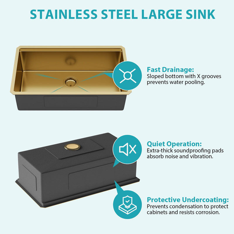 Gold Stainless Steel Undermount Kitchen Sink 36 X 19 X 9" 16 Gauge Deep Workstation Sink With Cutting Board And Accessories